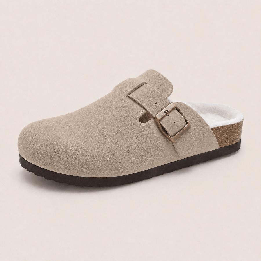 The Faux Fur-Lined Suede Clog in Taupe