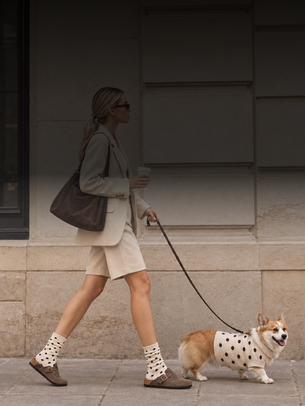 Woman walking her dog in suede clogs and polka-dot socks